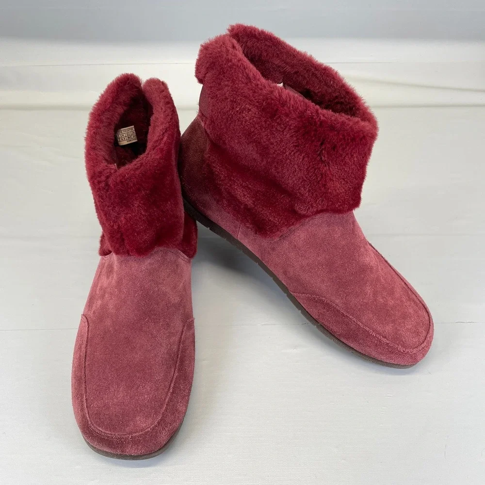 Vionic Maizie Ankle Boots Womens Size 7.5 Red Suede Faux Fur Pull On Shoes